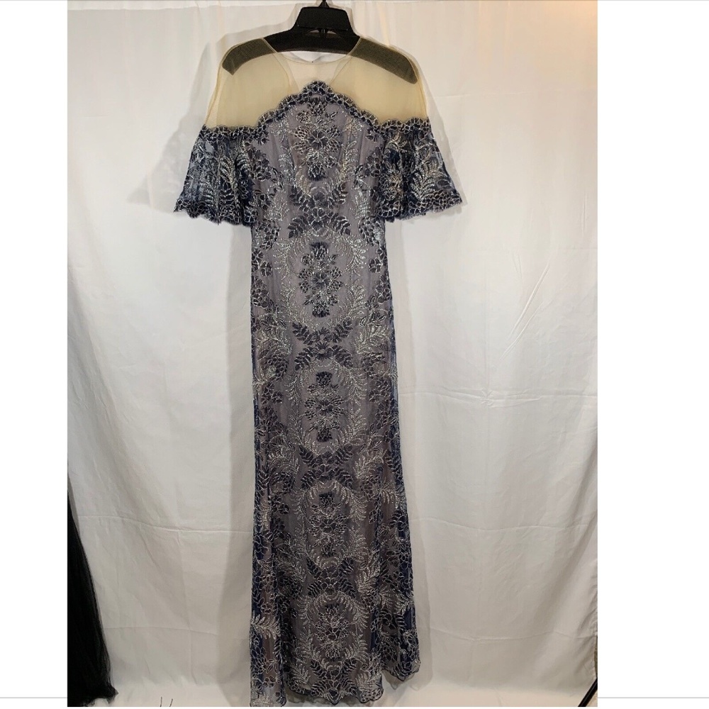 NEW Tadashi Shoji Flutter Sleeve Embroidered Navy/Silver Gown [ SZ 2 ]‎